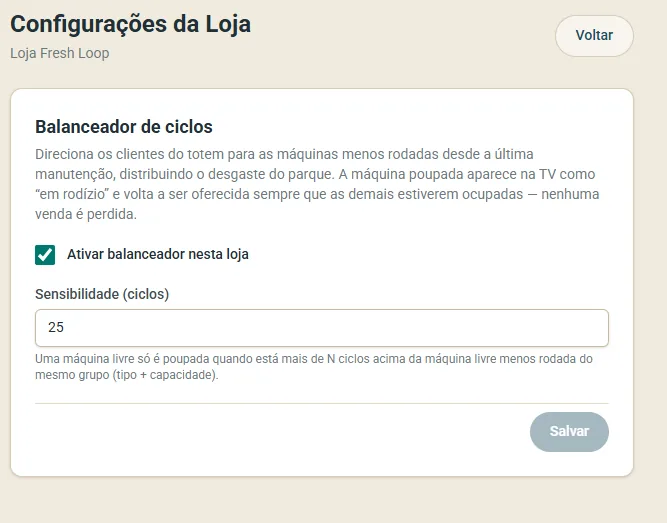 Configuração do balanceador de ciclos da loja