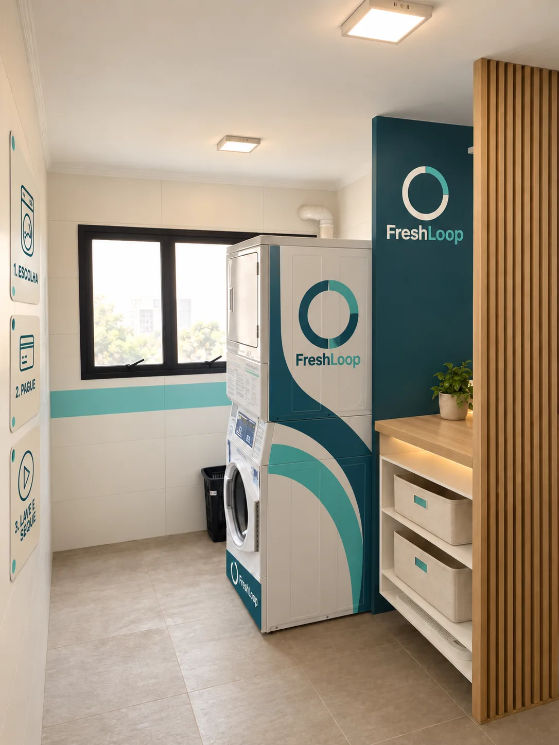 Área comum de condomínio montada como lavanderia FreshLoop: lavadora e secadora conjugadas com identidade da marca, painel de instruções na parede e bancada com cestos