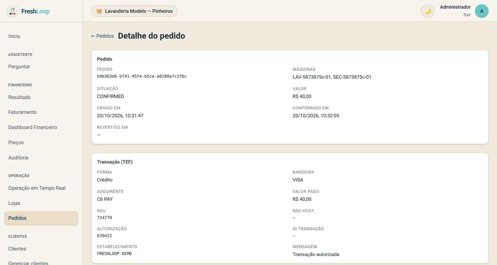 Detalhe de um pedido com a transação da maquininha: forma, bandeira, adquirente, NSU e autorização