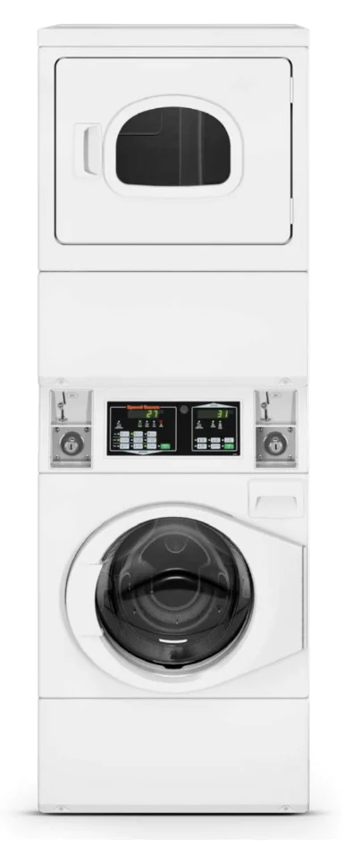 Speed Queen conjugada: secadora sobre lavadora em gabinete único