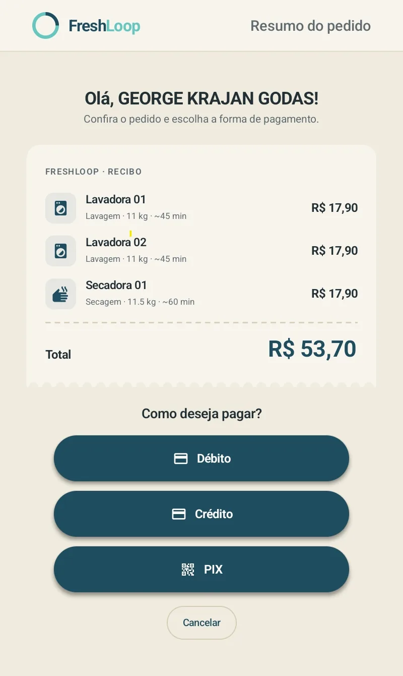 Tela do totem: resumo do pedido e formas de pagamento